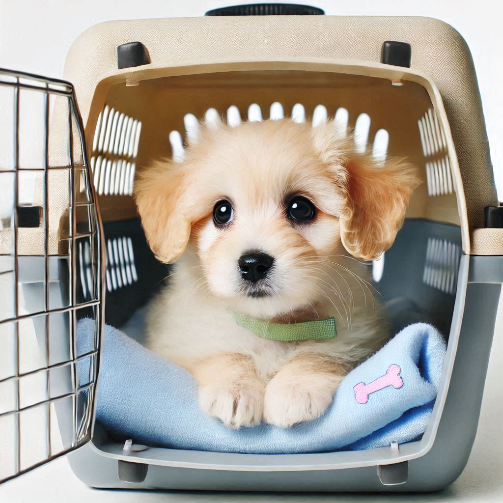 Puppy in airline carrier cargo crate